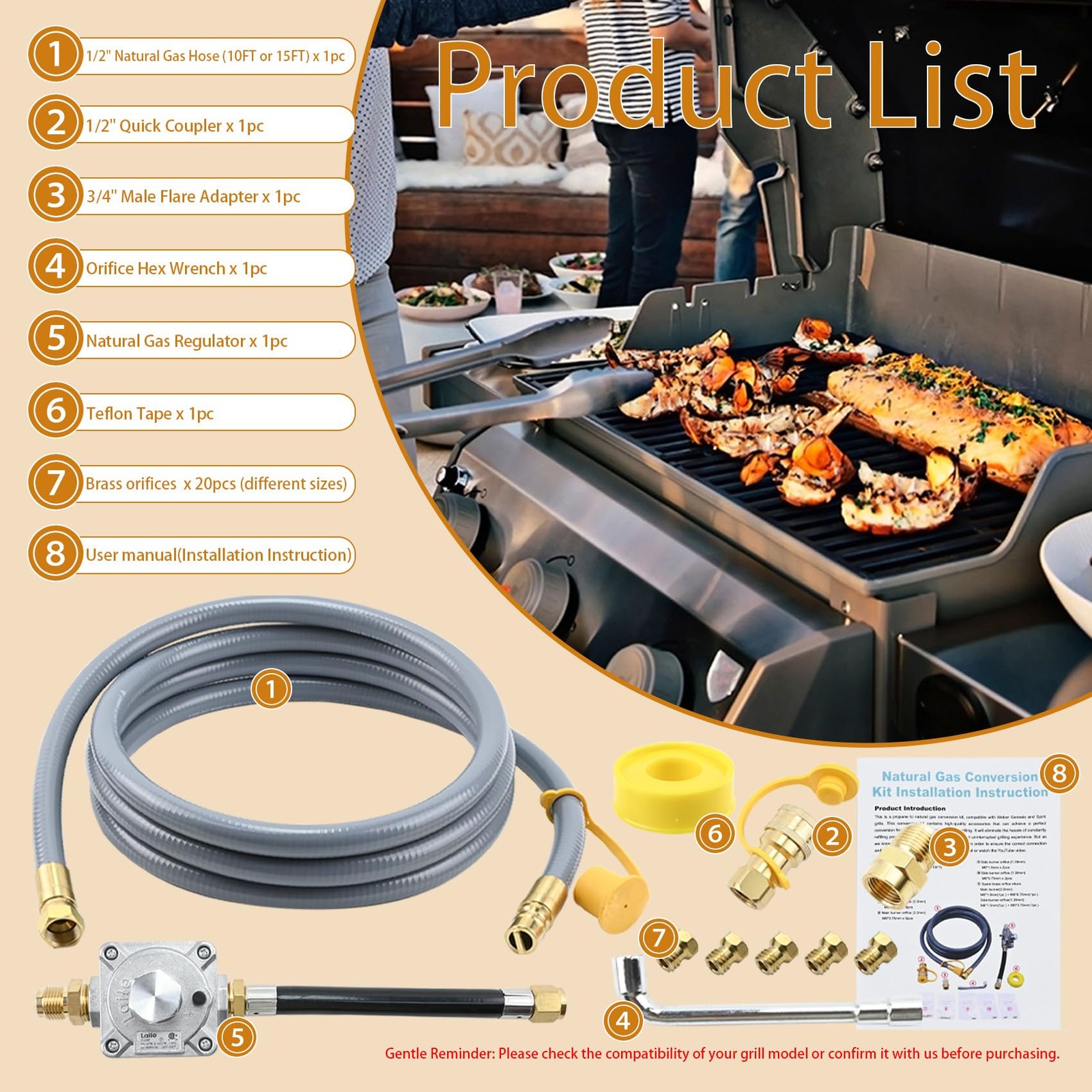 Propane to Natural Gas Conversion Kit for Grill Compatible with 10FT, Gray
