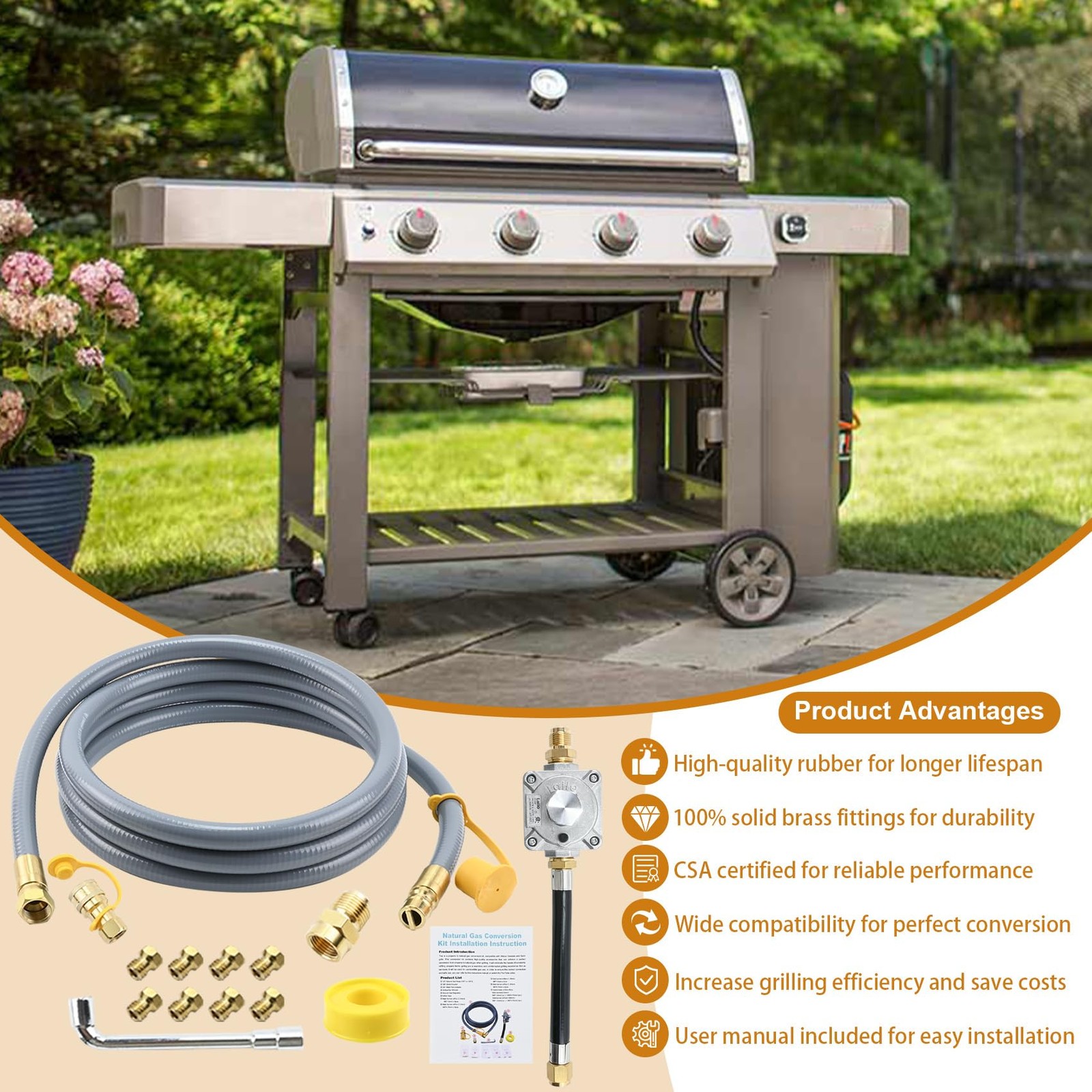 Propane to Natural Gas Conversion Kit for Grill Compatible with 10FT, Gray