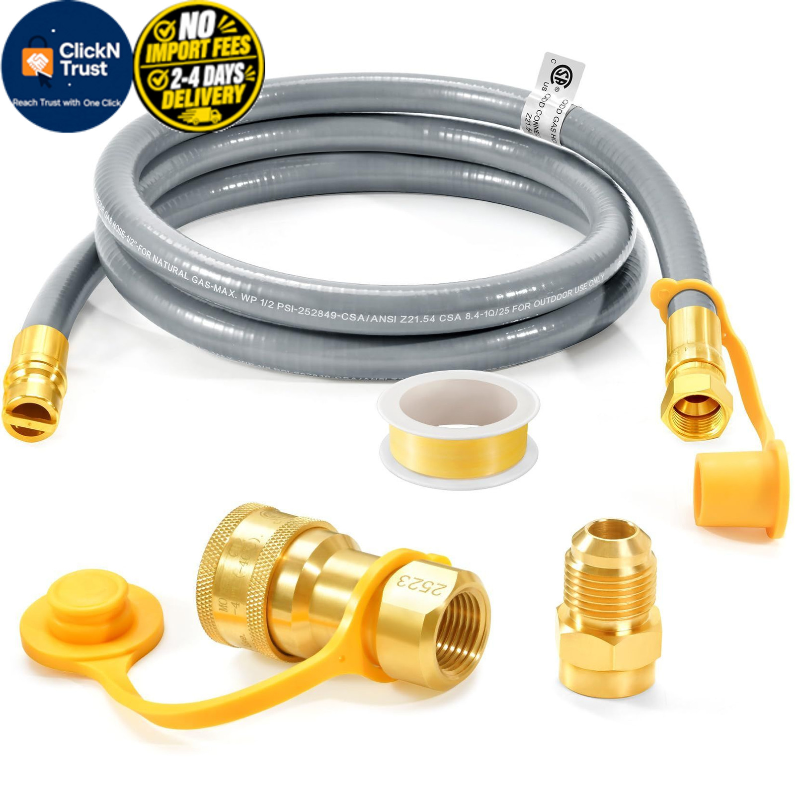 GasSaf 6 FT 1/2″ ID Natural Gas Grill Hose with Quick Connect 6 Feet, Gray