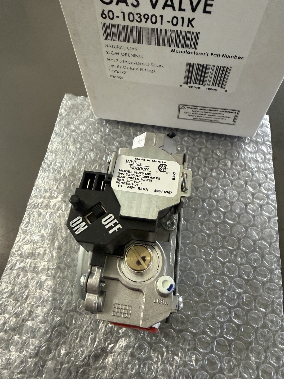 36J23502 – White Rodgers Furnace Gas Valve with LP Kit Single Stage 24 Volt