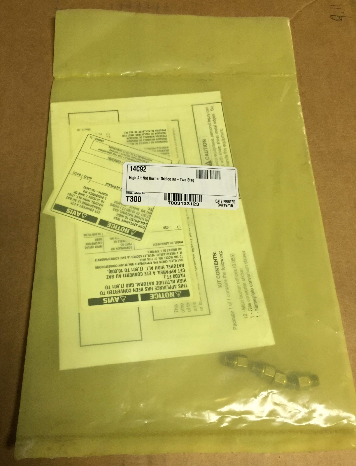 LENNOX 14C92 HIGH ALTITUDE NATURAL GAS BURNER ORIFICE KIT 204376