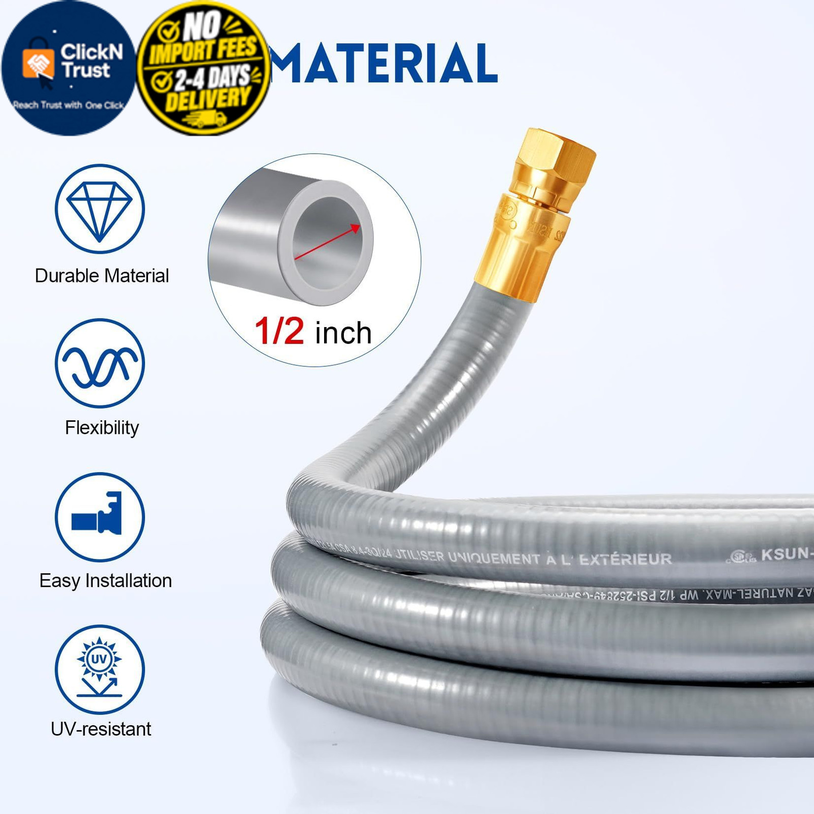 GasSaf 6 FT 1/2″ ID Natural Gas Grill Hose with Quick Connect 6 Feet, Gray