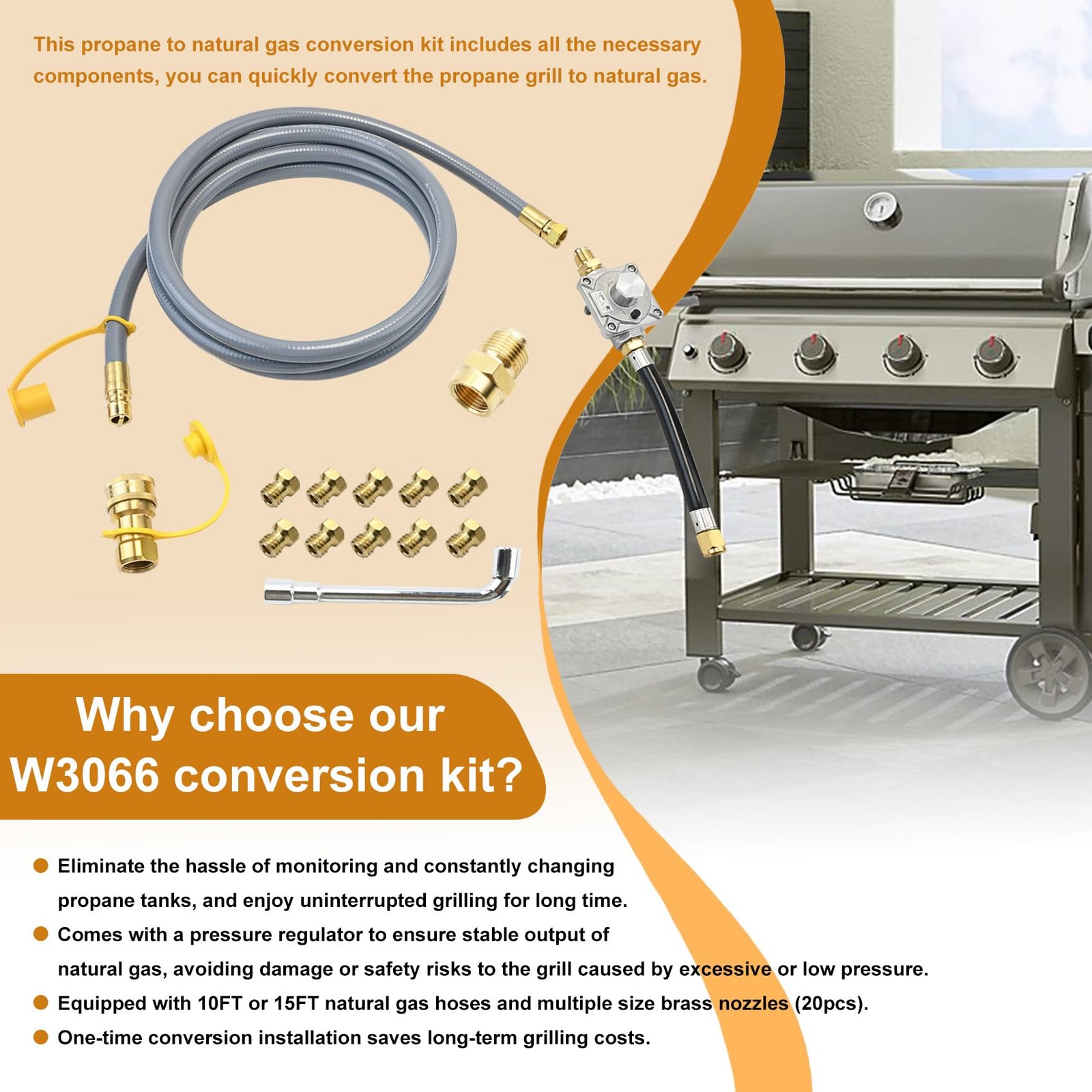 Propane to Natural Gas Conversion Kit for Grill Compatible with 10FT, Gray