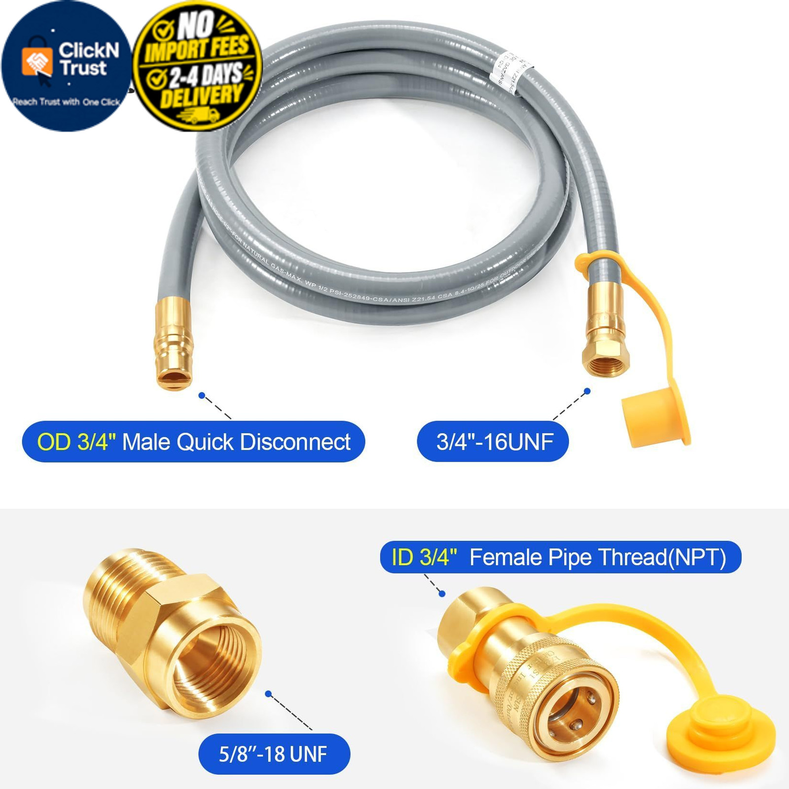 GasSaf 6 FT 1/2″ ID Natural Gas Grill Hose with Quick Connect 6 Feet, Gray
