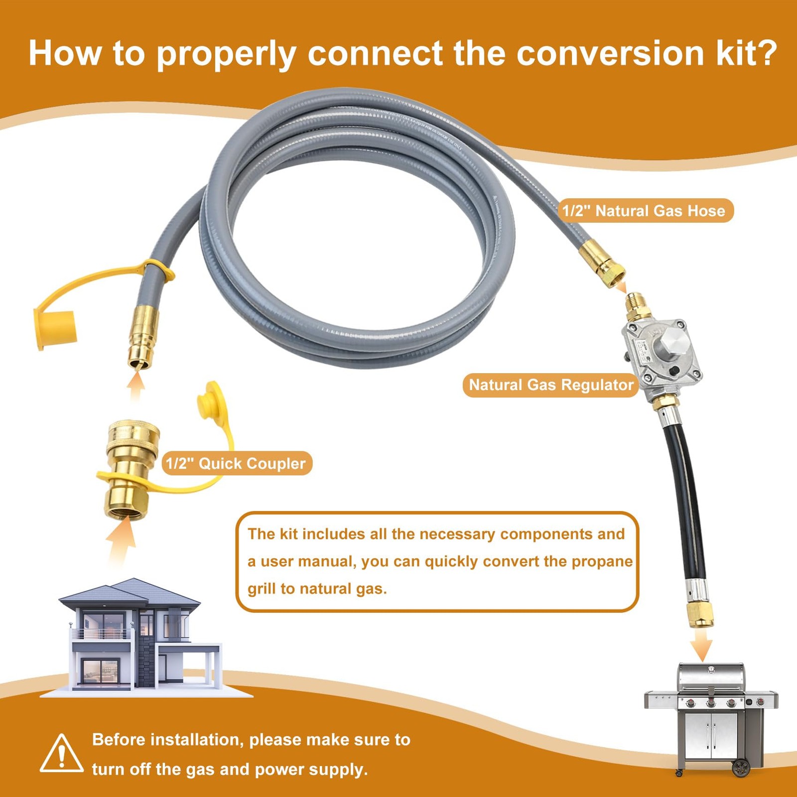 Propane to Natural Gas Conversion Kit for Grill Compatible with 10FT, Gray