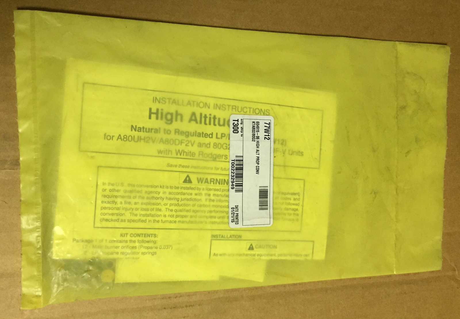 LENNOX 77W12 PROPANE HIGH ALTITUDE CONVERSION KIT 204378